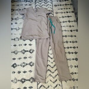 Figs Women's Tan Cargo Pants with Teal Drawstring